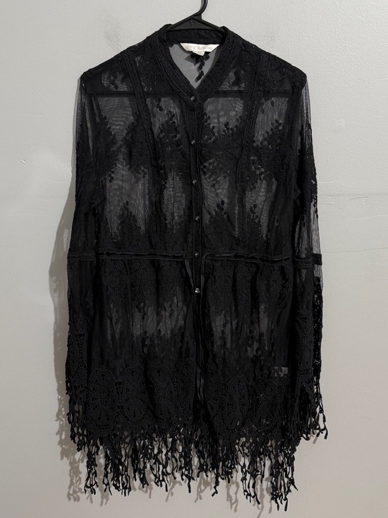 Boston Proper Tops - Boston Proper Black Lace Fringe Tunic Top Medium Sheer Boho Button Front